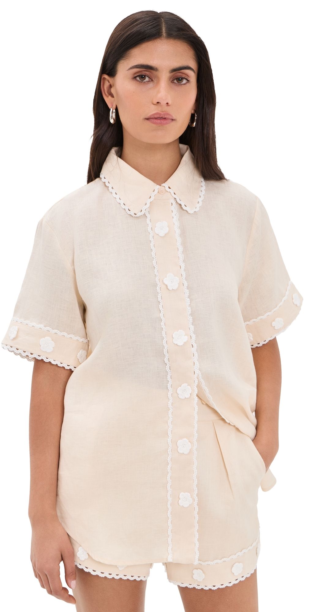 English Factory Floral Linen Button Down Shirt Light Beige S