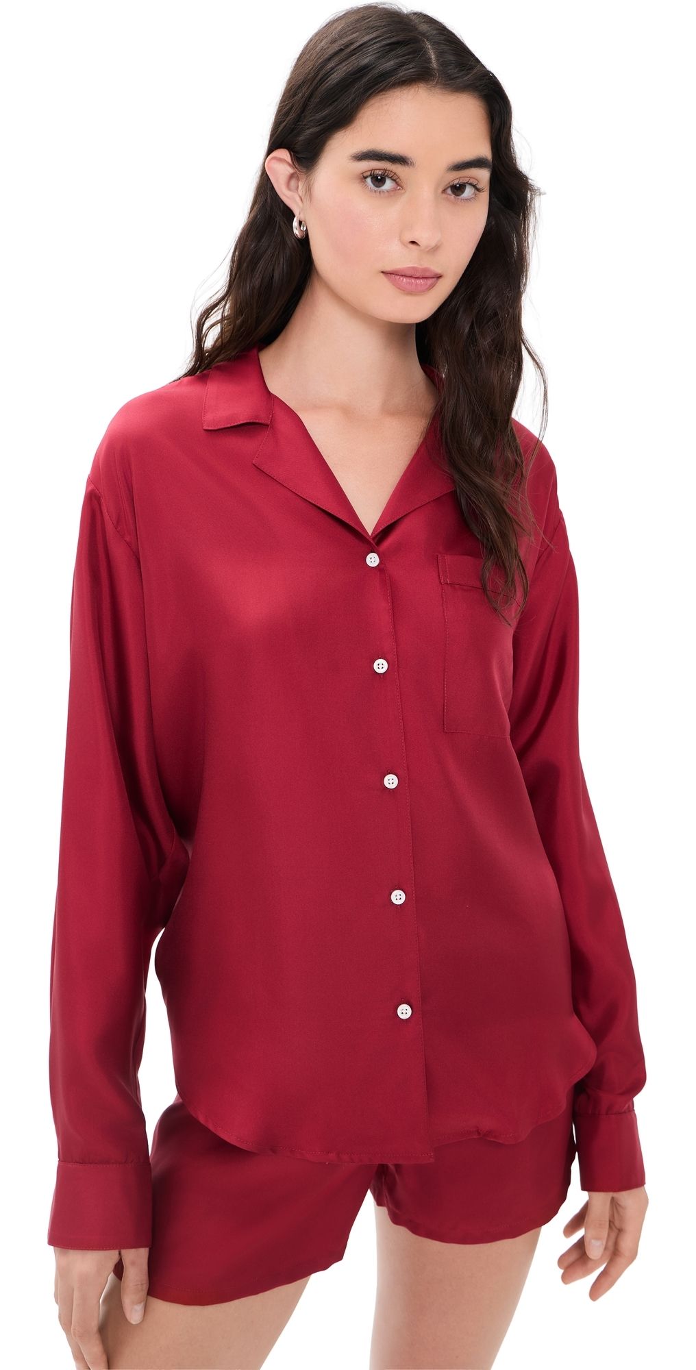Comme Si Notched Collar Long Sleeve Shirt Deep Red M