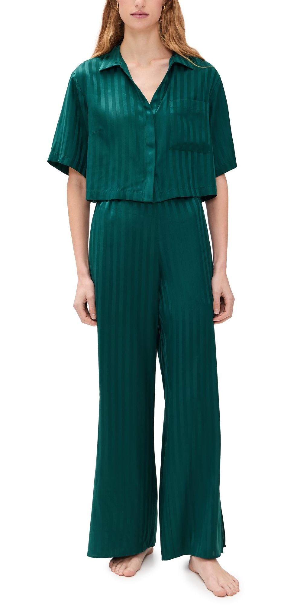 Lunya Washable Silk Striped Jacquard High Rise Pant Set Dusky Cypress Jacquard XL