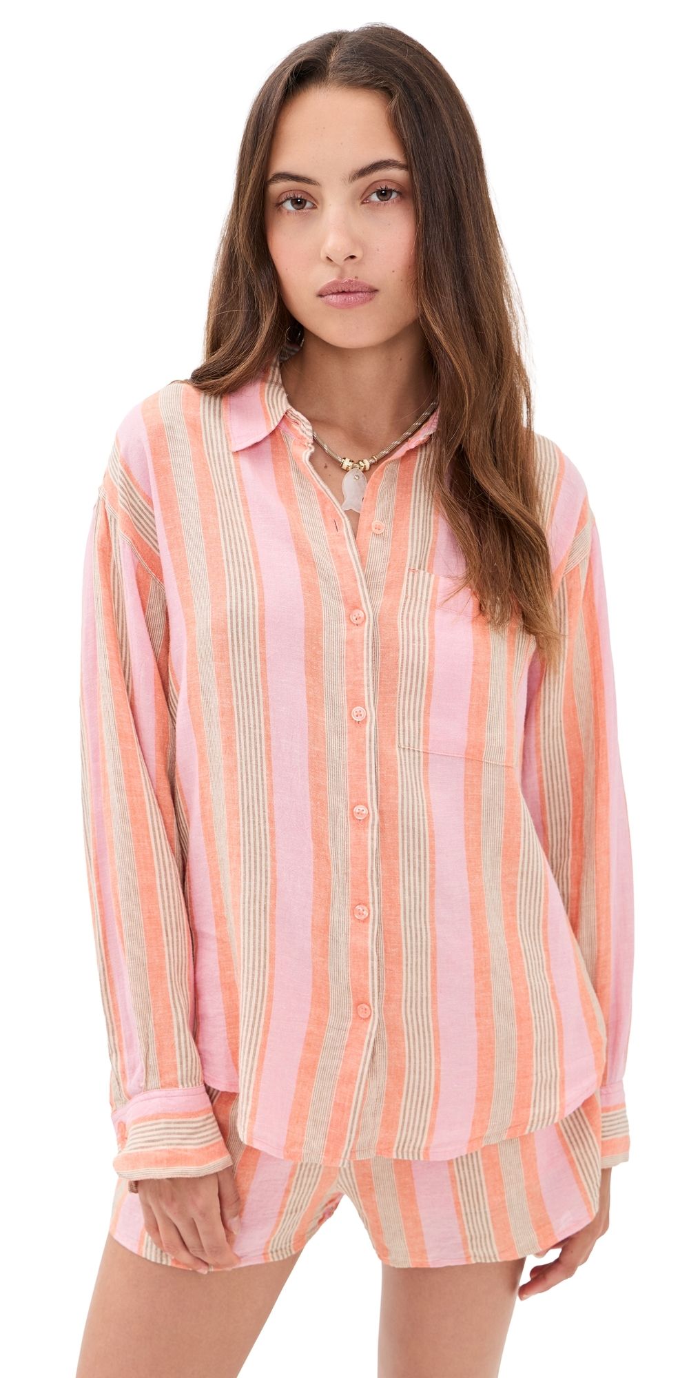 Z Supply Perfect Striped Button Up Tiger Lily L