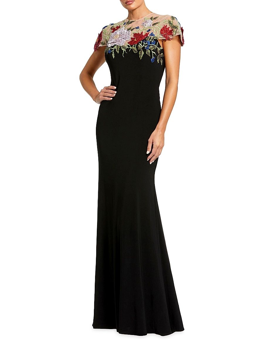 Women's Floral-Embroidered Jersey Gown - Black Multi - Size 14