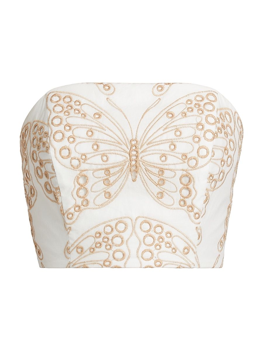 Women's Butterfly Eyelet Strapless Top - White And Tan - Size XS