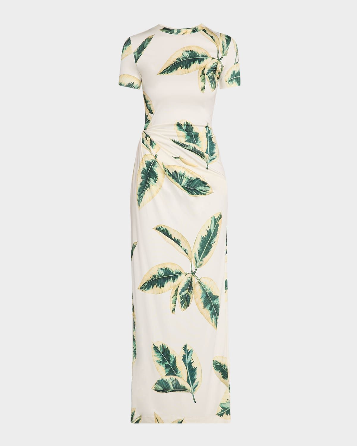 Short-Sleeve Ficus-Print Draped Maxi Dress