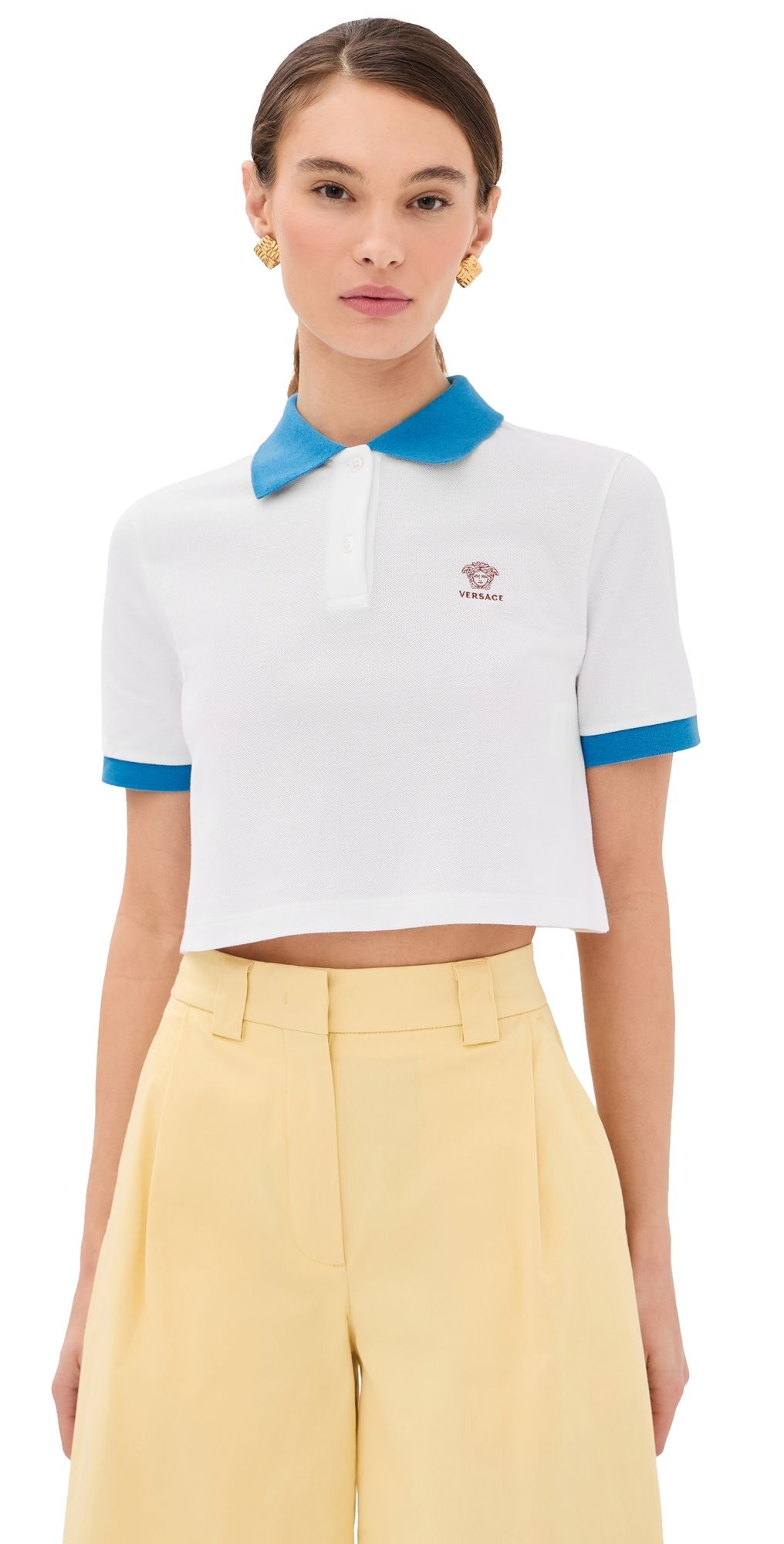 Versace Medusa Embroidery Cropped Pique Polo White/Azure Blue 44