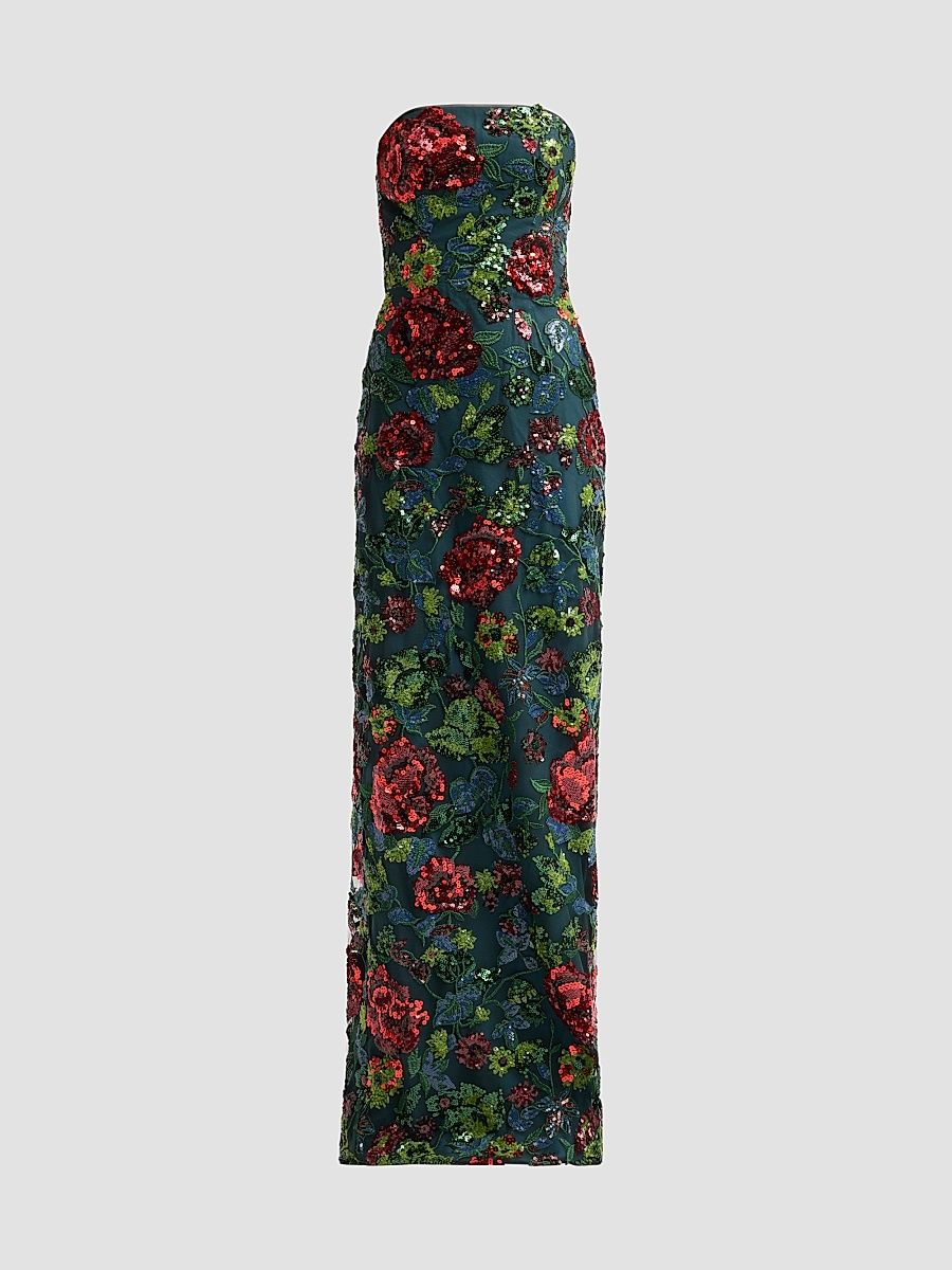 Women's Floral-Sequined Strapless Column Gown - Pink Multi - Size 18