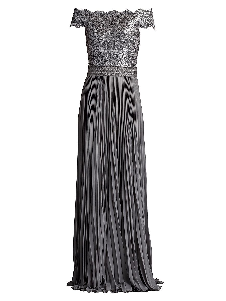 Women's Sequined Lace Off-The-Shoulder Gown - Mist - Size 14