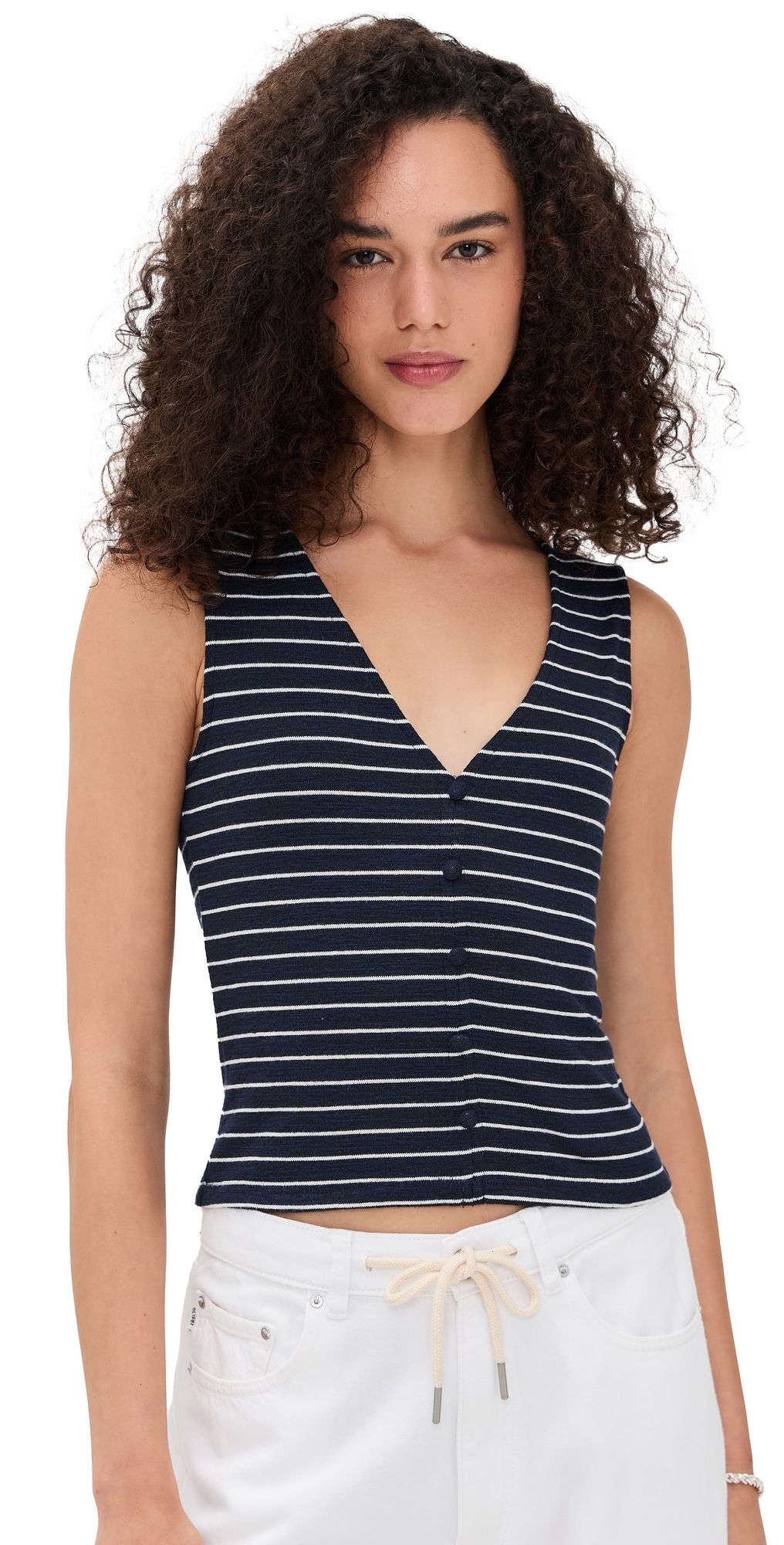 rag & bone The Knit Stripe Button Up Tank Navy Multi XXS