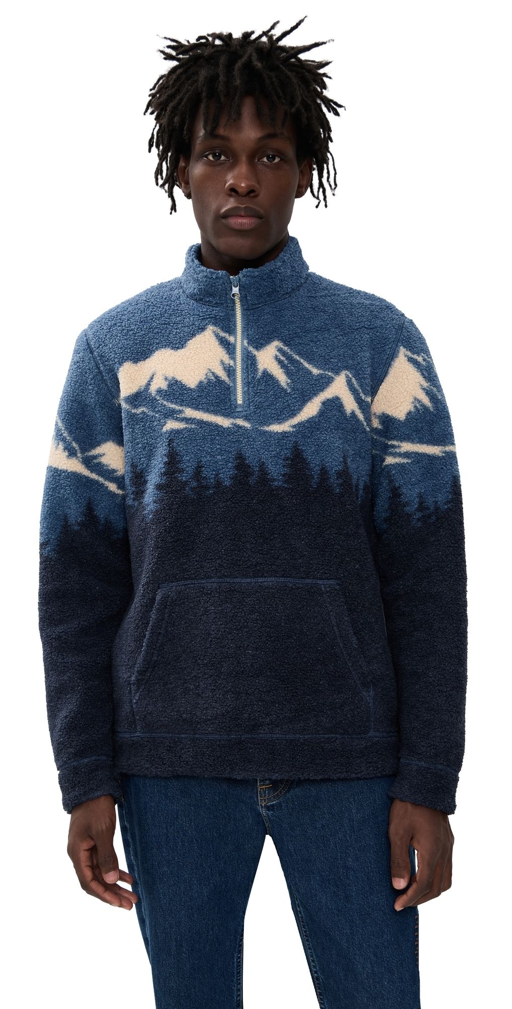 Marine Layer Sierra Faux Sherpa Pullover Blue Mountain Scene M