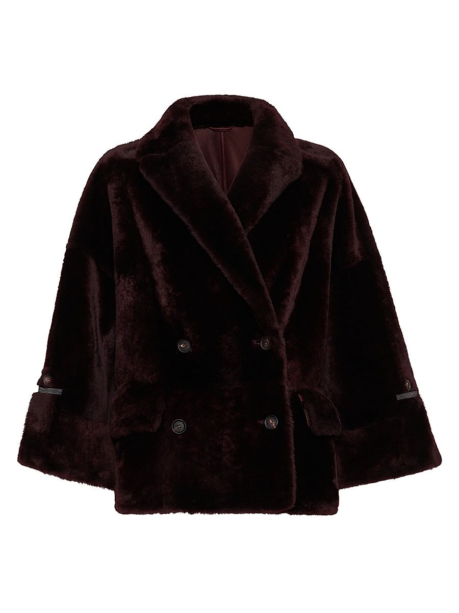 Women's Reversible Shearling Outerwear Jacket with Shiny Cuff Details - Burgundy - Size 8
