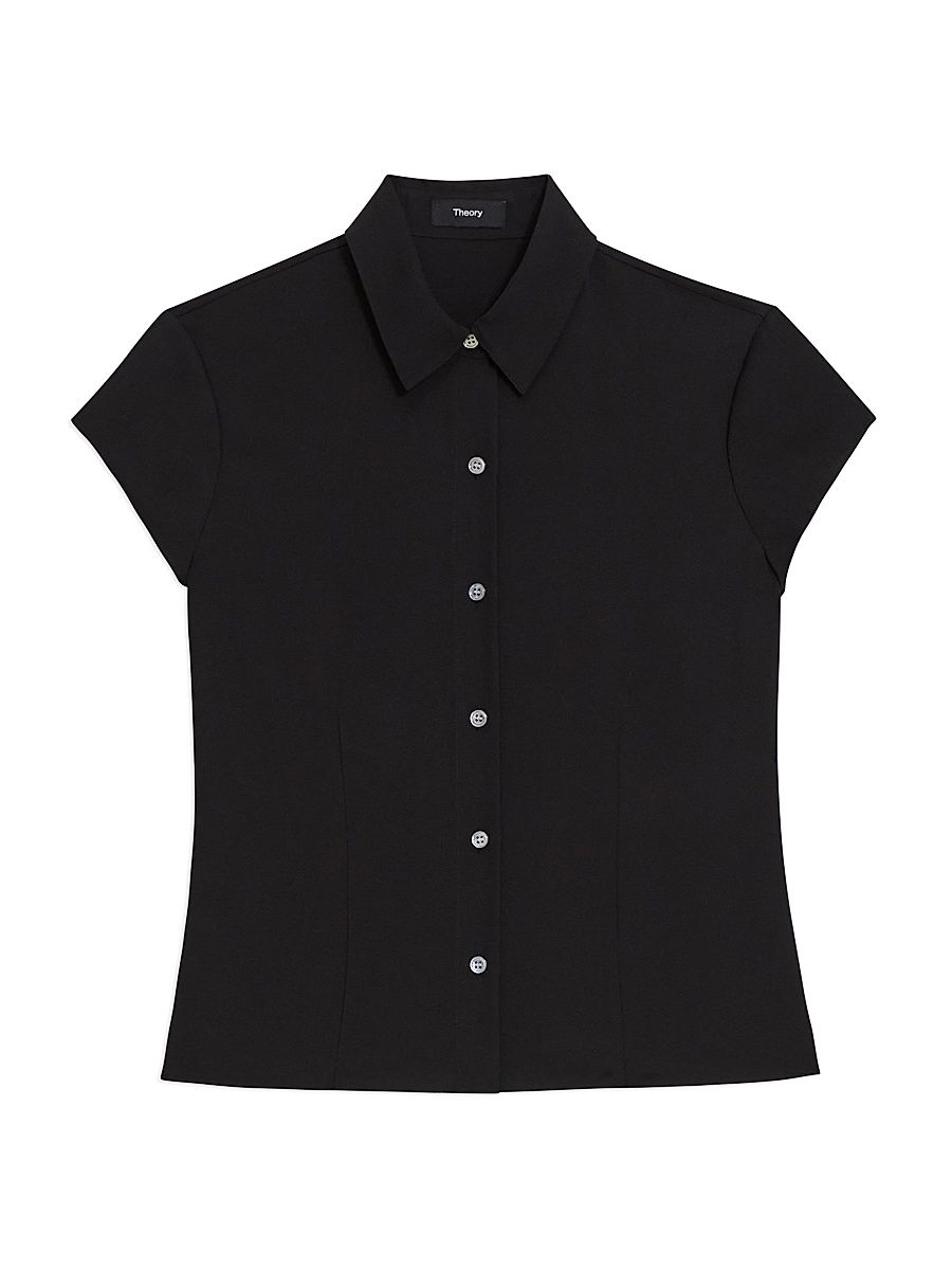 Women's Cap-Sleeve Silk Button-Front Shirt - Black - Size XL