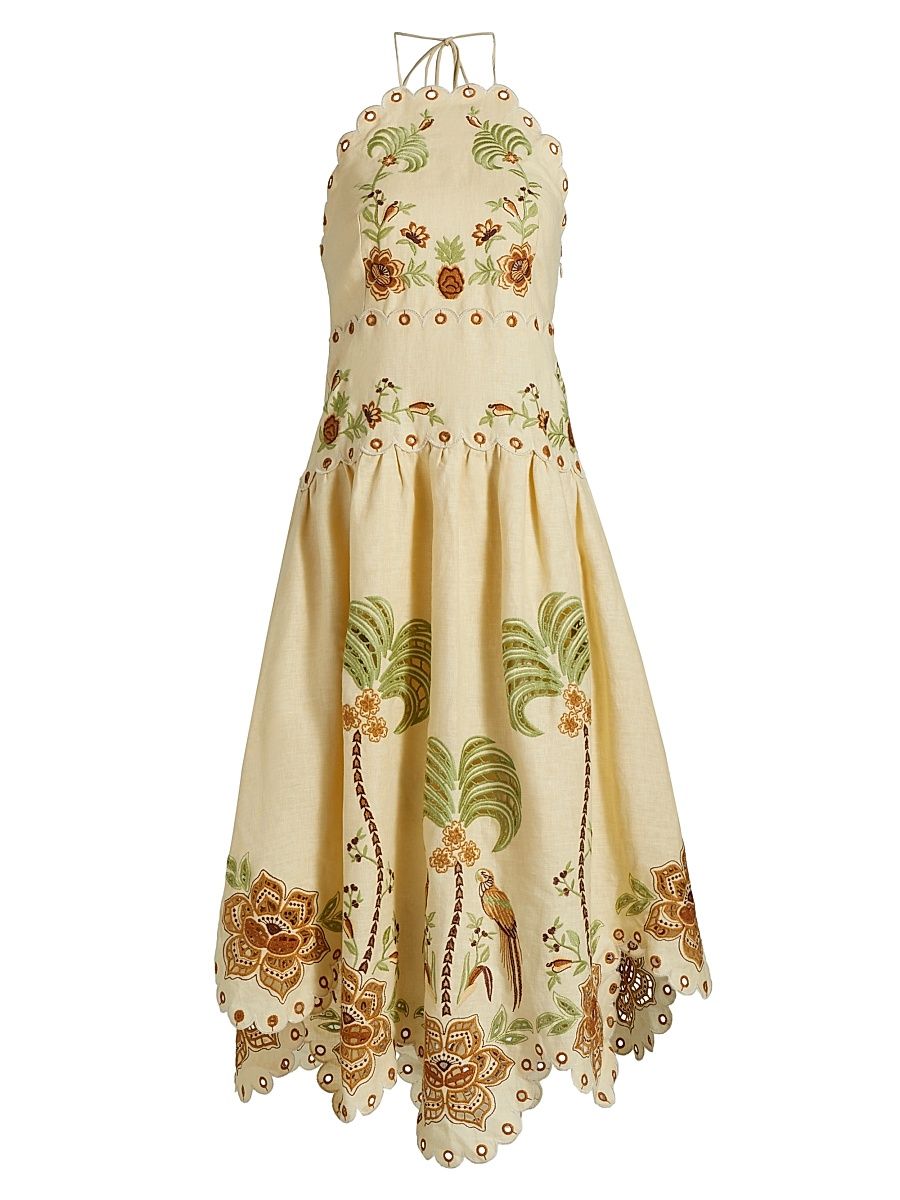 Women's Delicate Forest Embroidered Halter Midi-Dress - Sand - Size Large