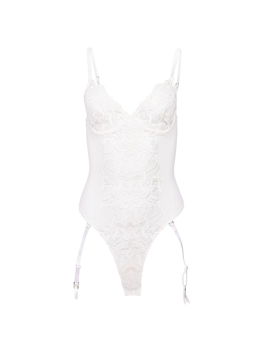 Women's Floral Bow Embroidered Bodysuit - Ivory - Size Large