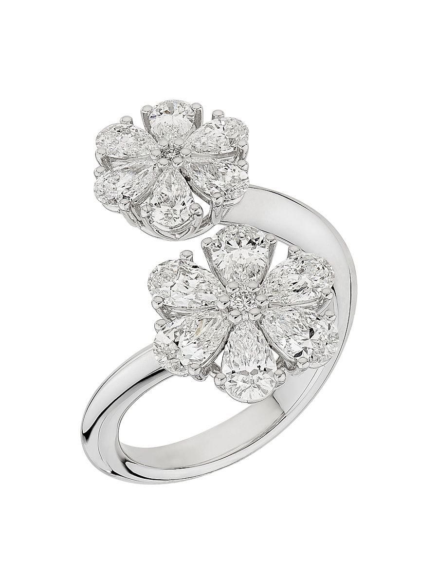 Women's LHeure Du Diamant 18K White Gold & 2.39 TCW Diamond Flower Bypass Ring - White Gold - Size 6.75