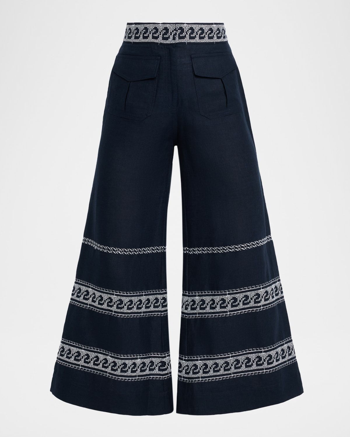 Zina Embroidered Linen Flare Crop Pants