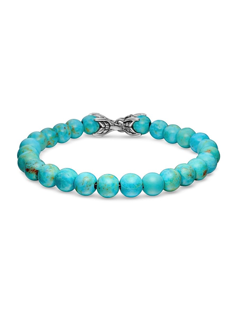 Men's Spiritual Beads Bracelet in Sterling Silver - Turquoise - Size 9