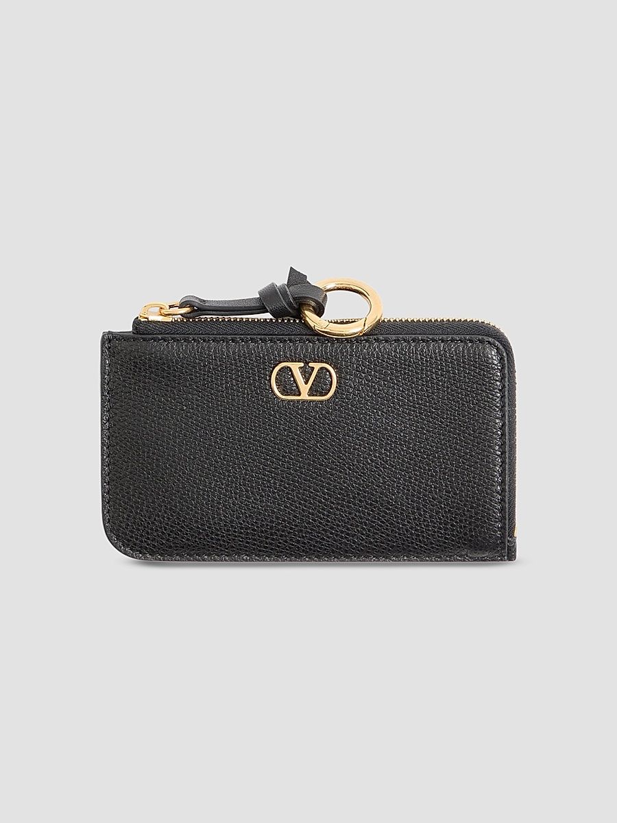 Women's Zip-Around Charm Card Holder in Grainy Calfskin - Black