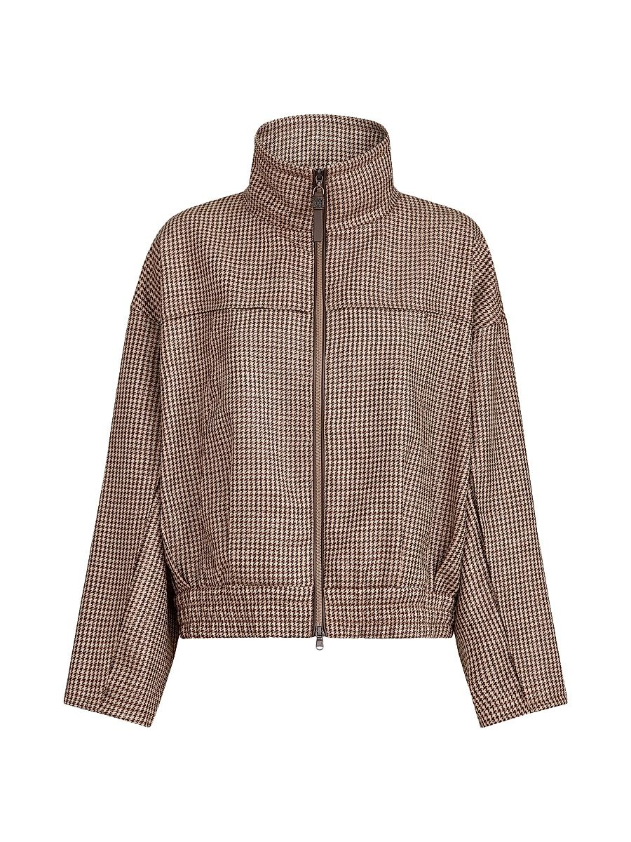 Women's Sparkling Virgin Wool Houndstooth Outerwear Jacket - Brown - Size 14
