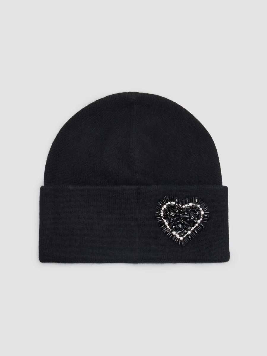 Carolyn Rowan Collection Women's Heart-Embellished Cashmere Beanie - Black
