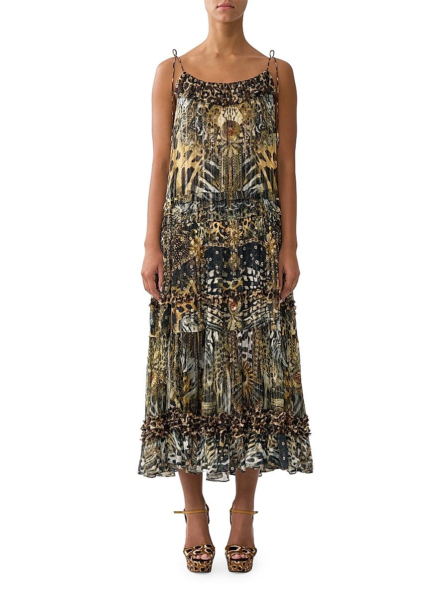 Women's Feline Folklore Tiered Fringe Midi-Dress - Size Medium