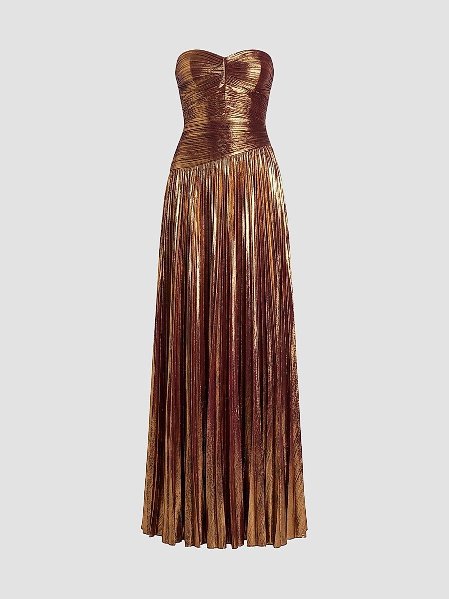 Women's Saba Strapless Pleated Metallic Maxi-Dress - Golden Port - Size XL