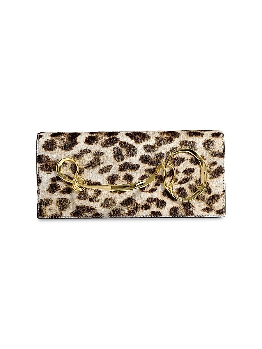 Women's Printed Calf Hair & Leather Clutch - Metallic Leopard