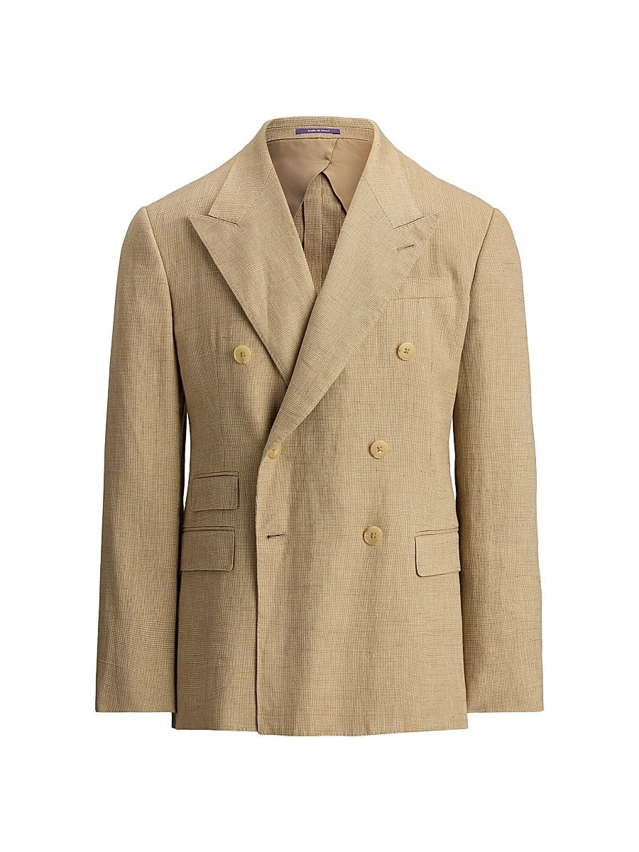 Men's Herringbone Linen-Blend Double-Breasted Jacket - Khaki Multi - Size 46