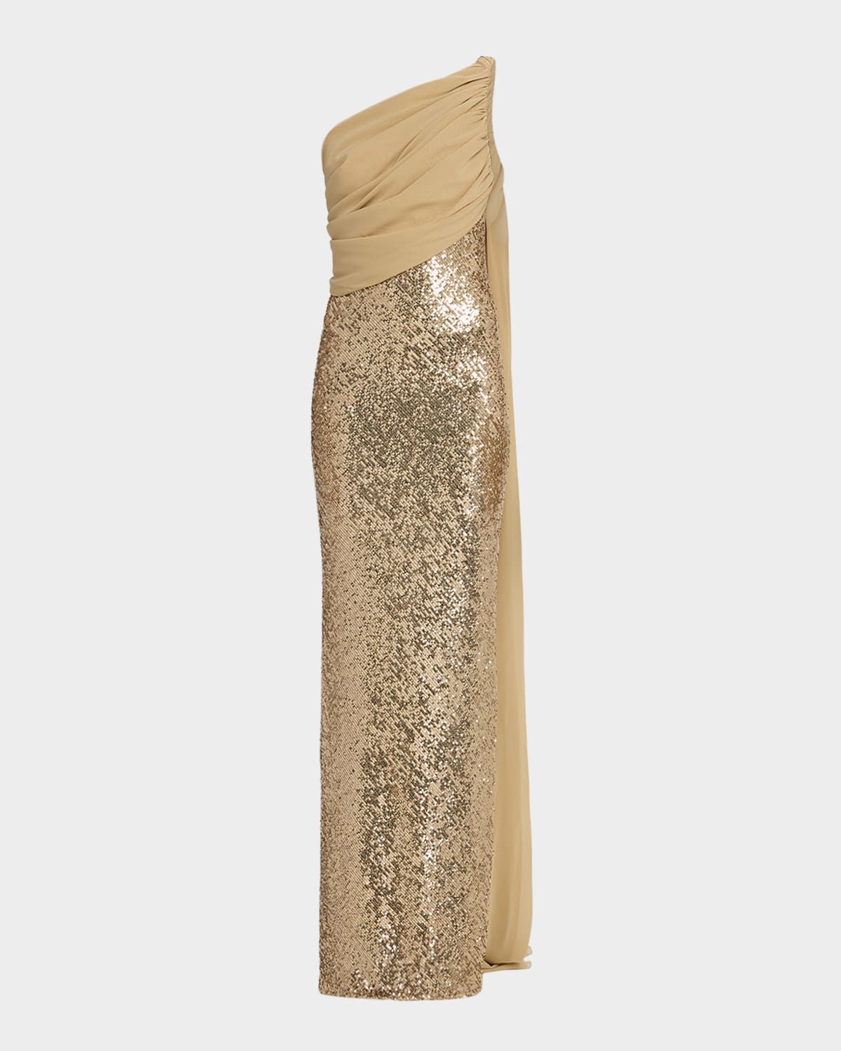 Draped Chiffon One-Shoulder Sequined Gown