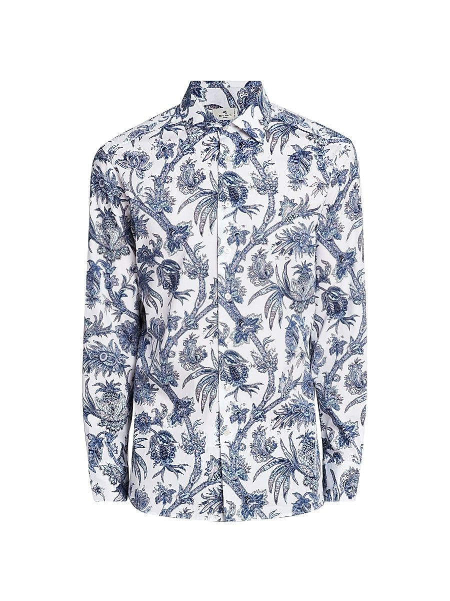Men's Multi-Floral Print Stretch Cotton Shirt - Print On White Base - Size 18.5