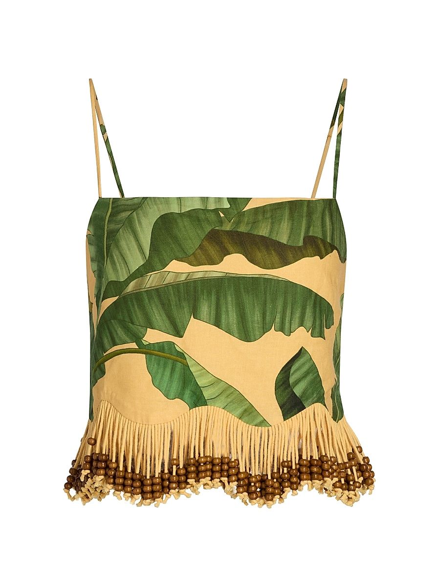 Women's Beaded Fringed Linen-Blend Top - Yellow - Size Large