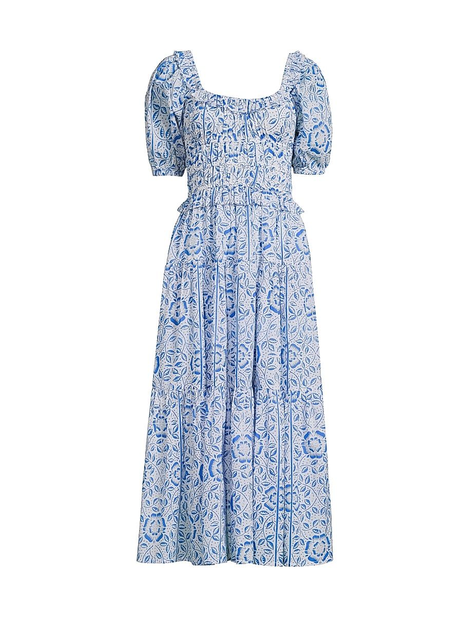 Women's Percy Floral Cotton Midi-Dress - Blue Aurora - Size XL