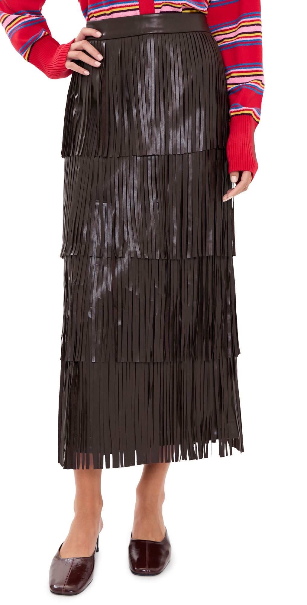SIMONMILLER Za Za Faux Leather Fringe Skirt Dark Choco Brown L
