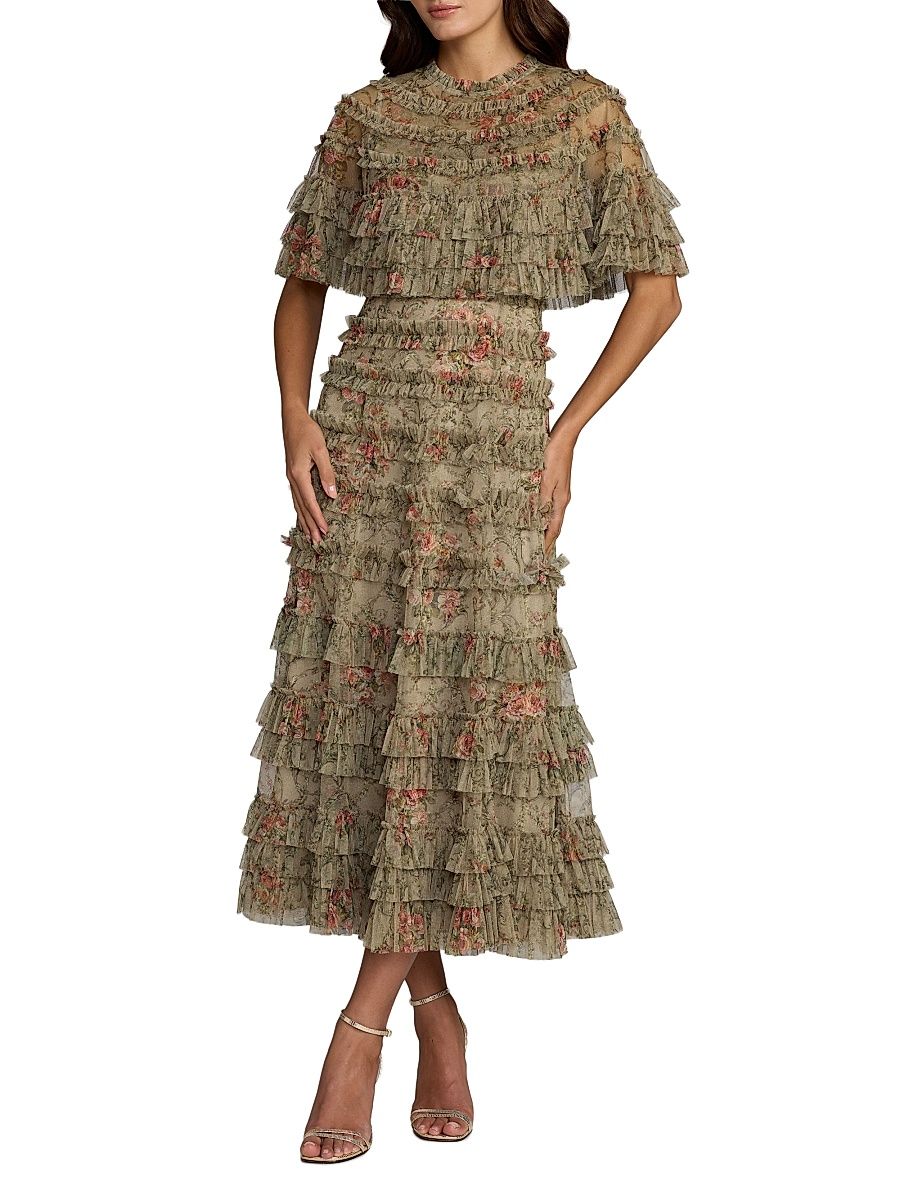 Women's Floral Ruffled Mesh Cape Midi-Dress - Olive - Size 18
