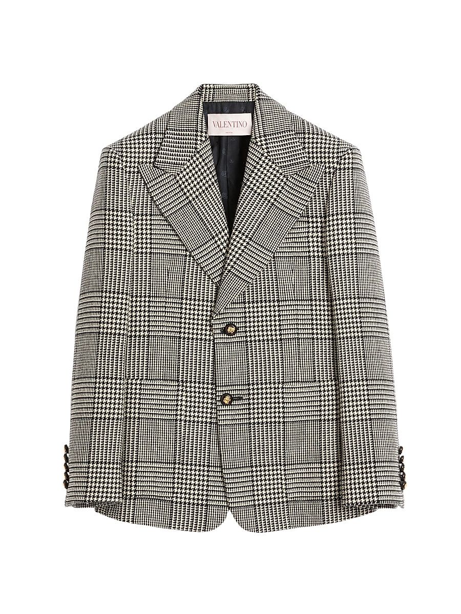 Men's Single-Breasted Wool Jacket with Check Pattern on Houndstooth - Ivory Black - Size 38