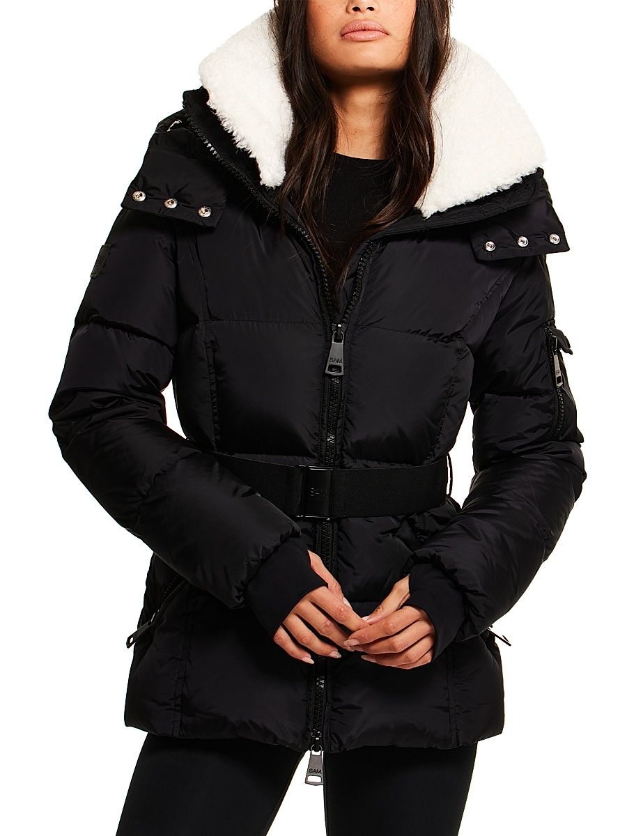 Women's Liv Belted Puffer Jacket - Black White - Size XS