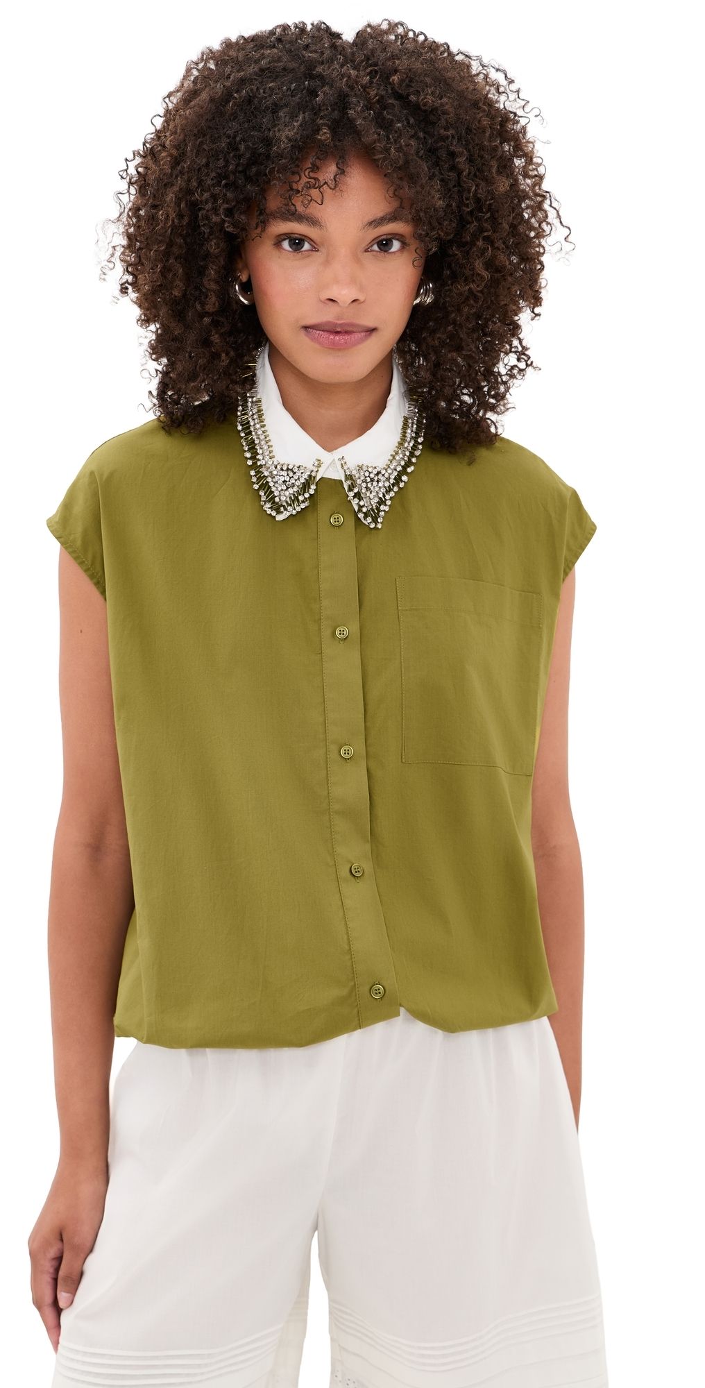 ESSENTIEL ANTWERP Janky Beaded Collar Shirt Avocado L