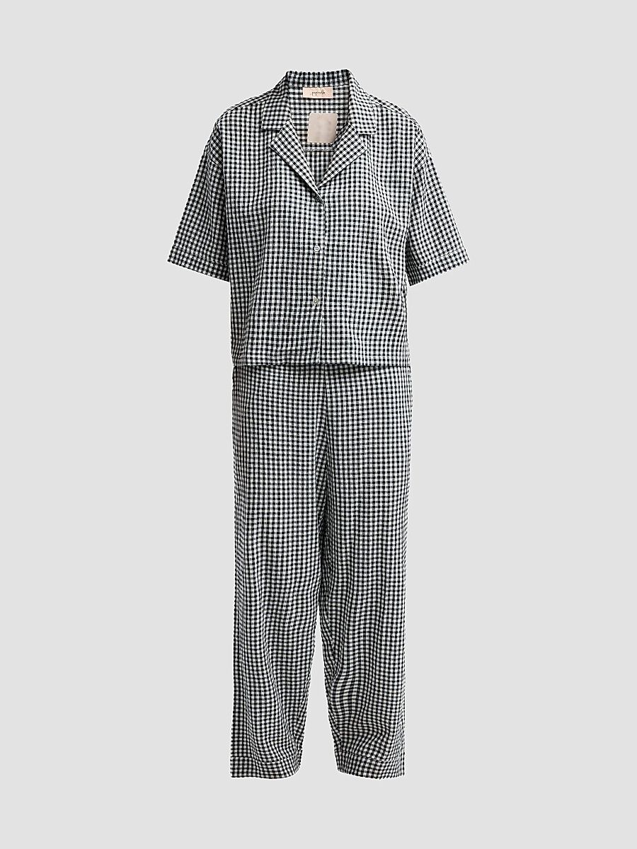 Women's Gingham Seersucker Cotton-Blend Pajamas - Deep Navy - Size XL
