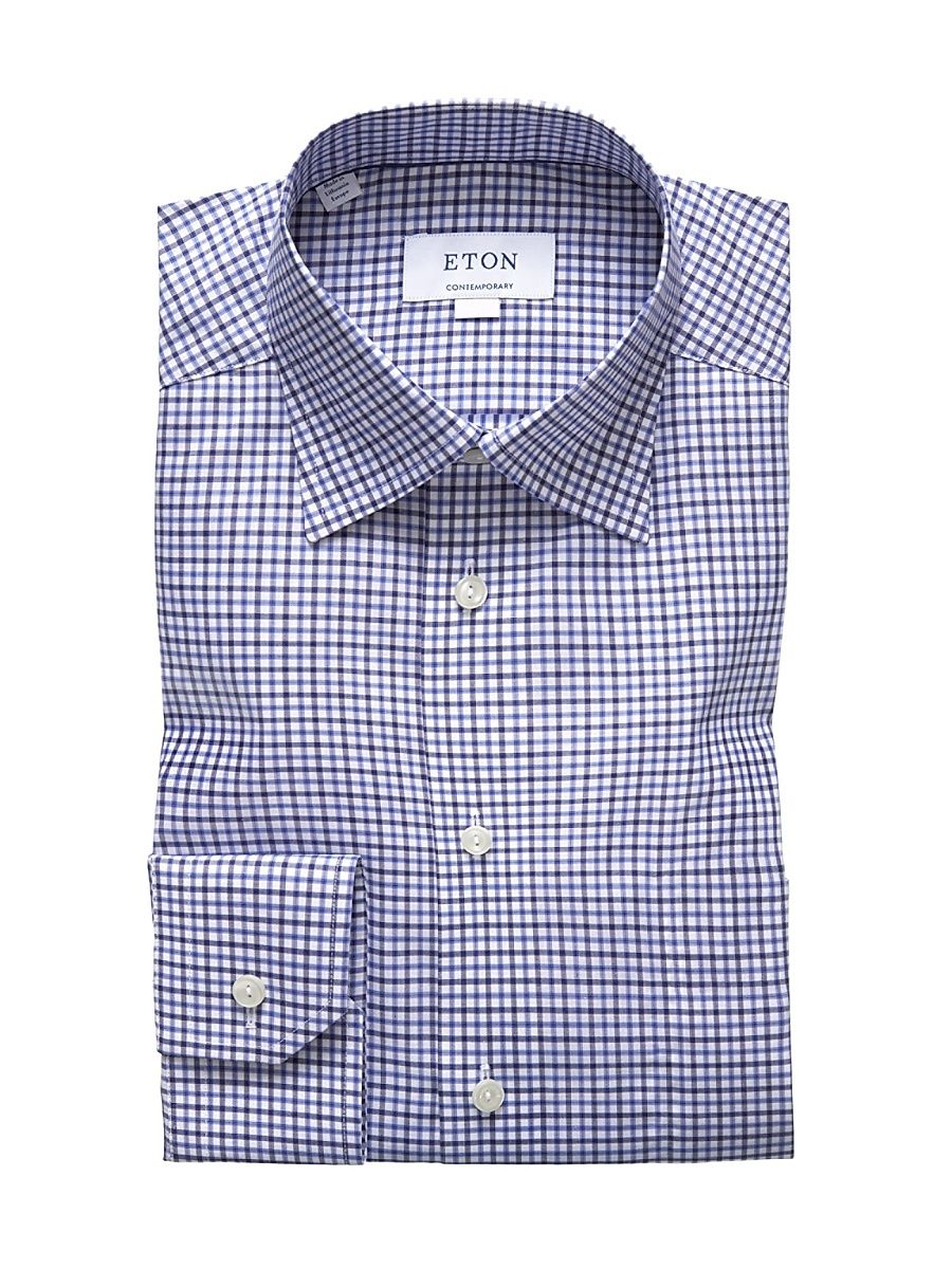 Men's Contemporary-Fit Tattersall Check Cotton Long-Sleeve Shirt - Blue - Size 17.5