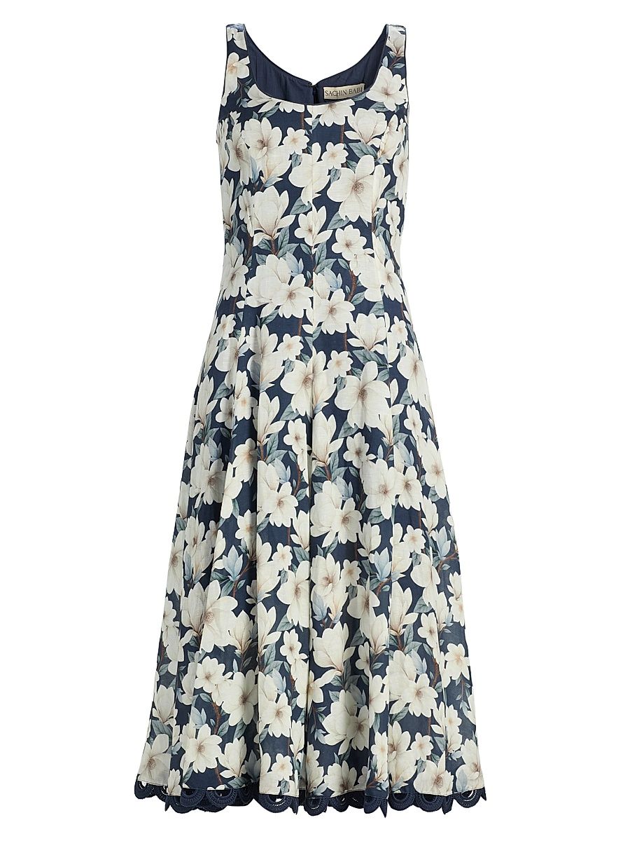 Women's Teresa Floral Linen-Blend Midi-Dress - Midnight Magnolia - Size 6