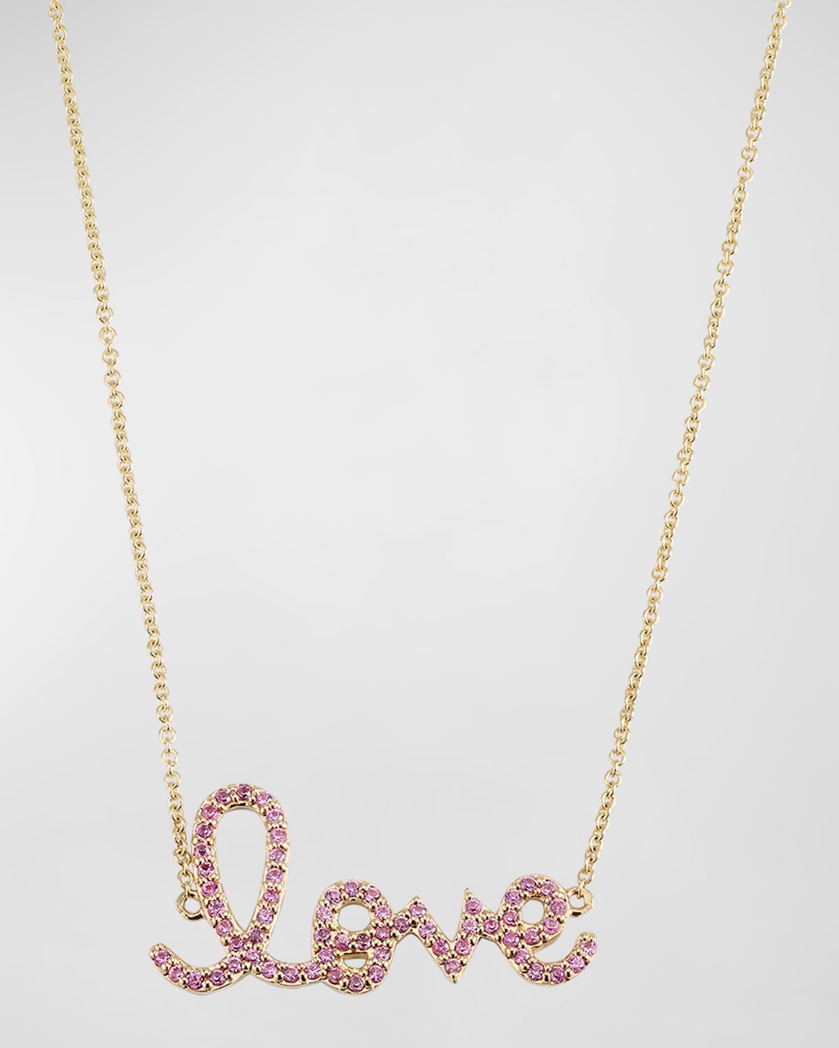 14K Gold Medium Love Script Pink Sapphire Necklace