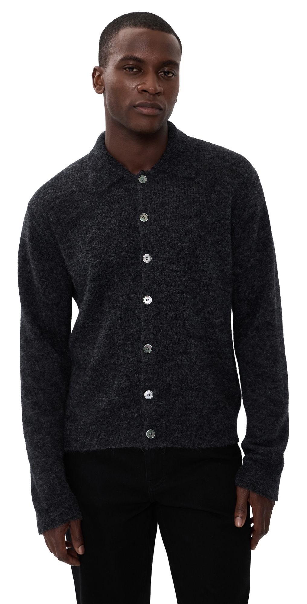 Our Legacy Evening Polo Cardigan Charcoal Melange Fuzzy Alpaca 50