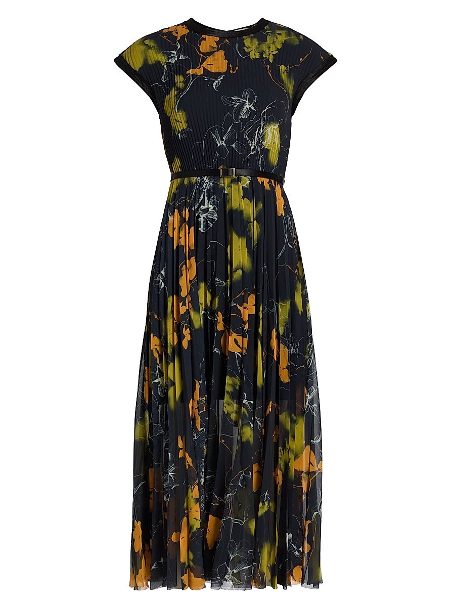 Women's Shadow Floral Crepe Chiffon Pleated Midi-Dress - Ultra Navy - Size 0