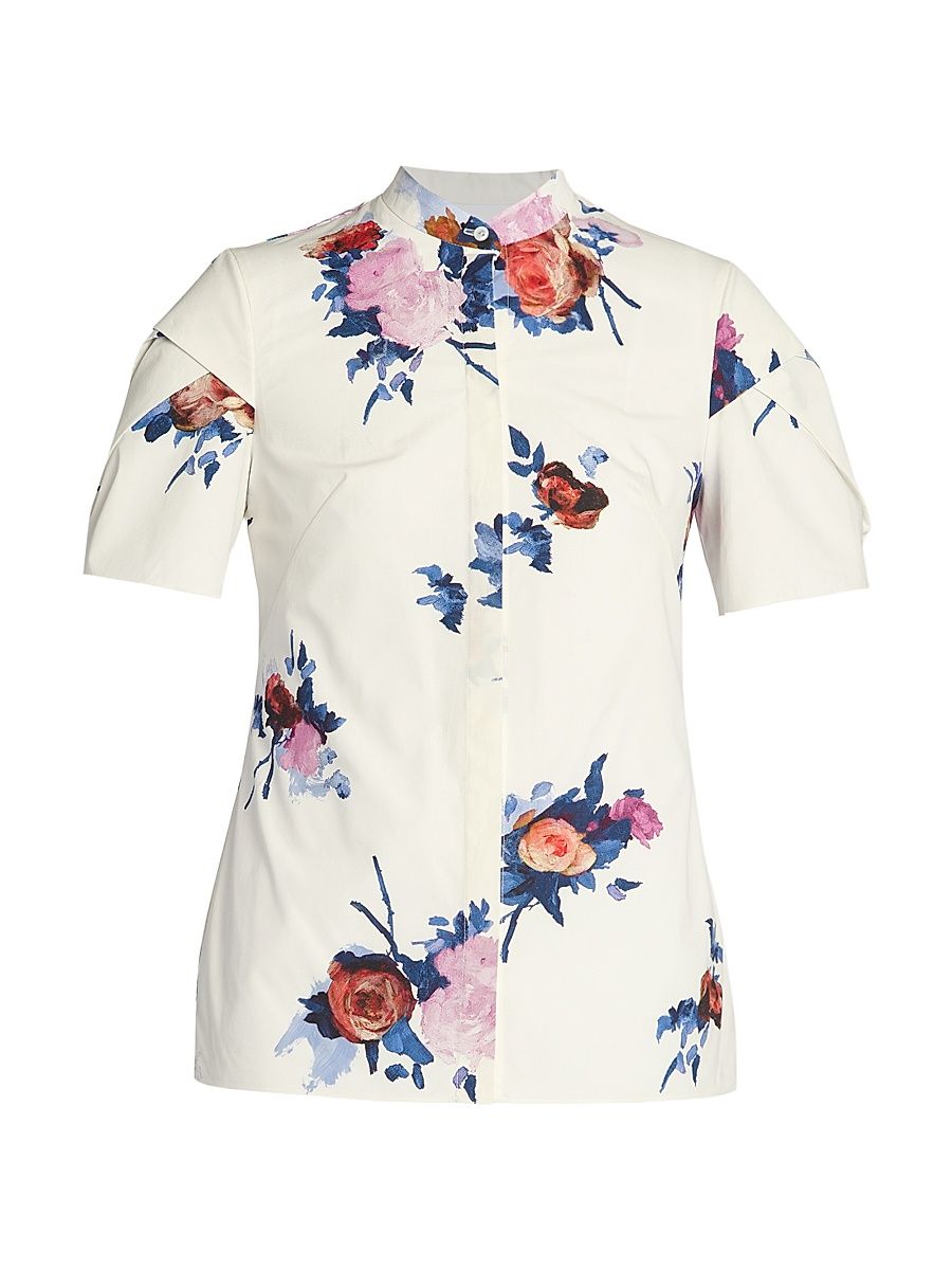 Women's Floral Cotton Shirt - Painted Rose Bouquet White - Size 6