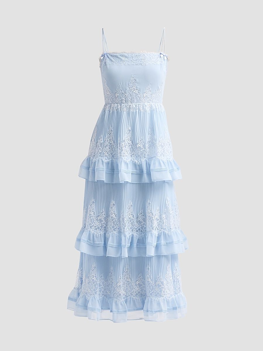 Women's Chiffon Lace Tiered Midi Dress - Blue - Size 12