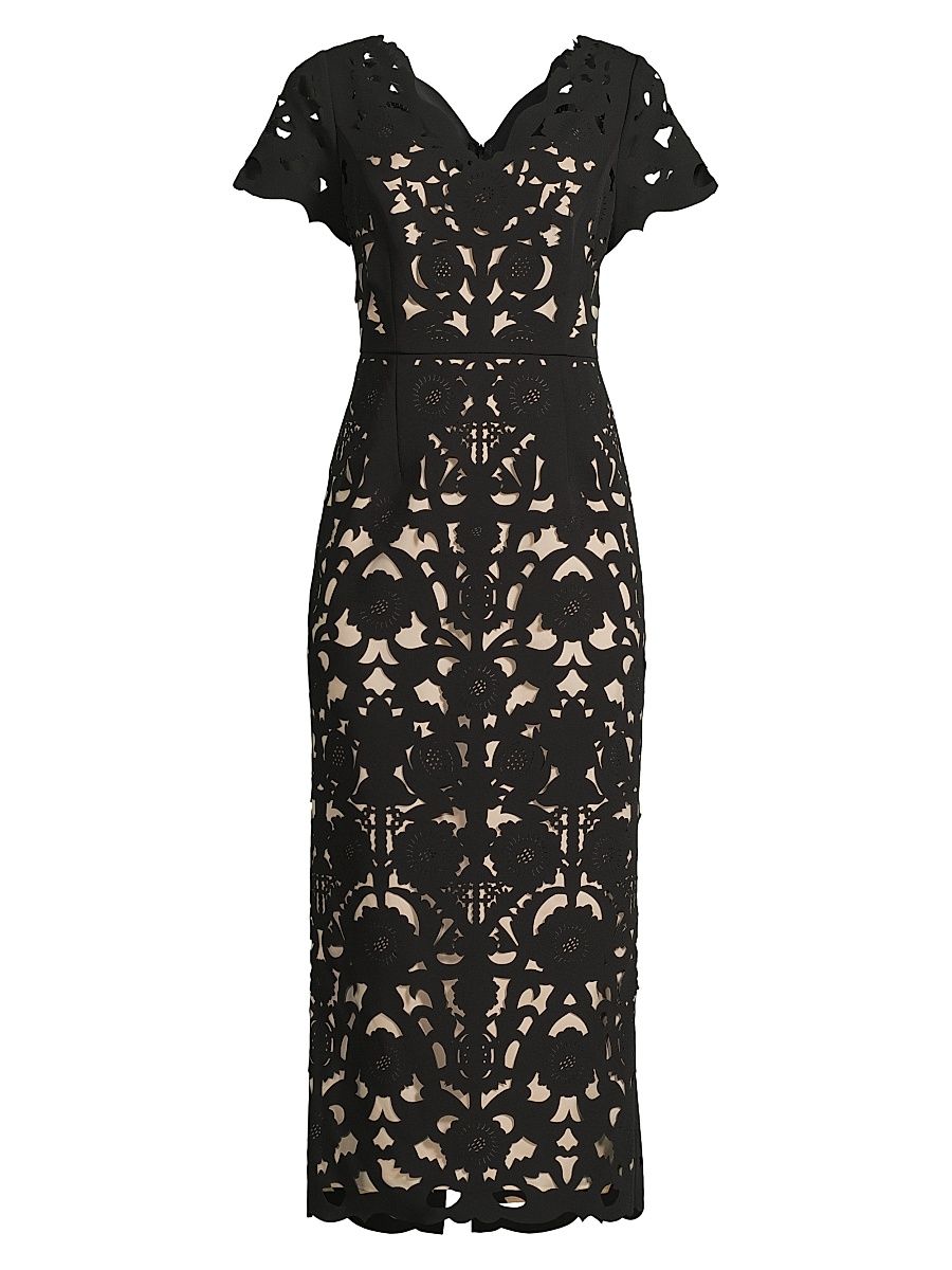 Women's Floral Crepe Laser-Cut Midi-Dress - Black Beige - Size 12