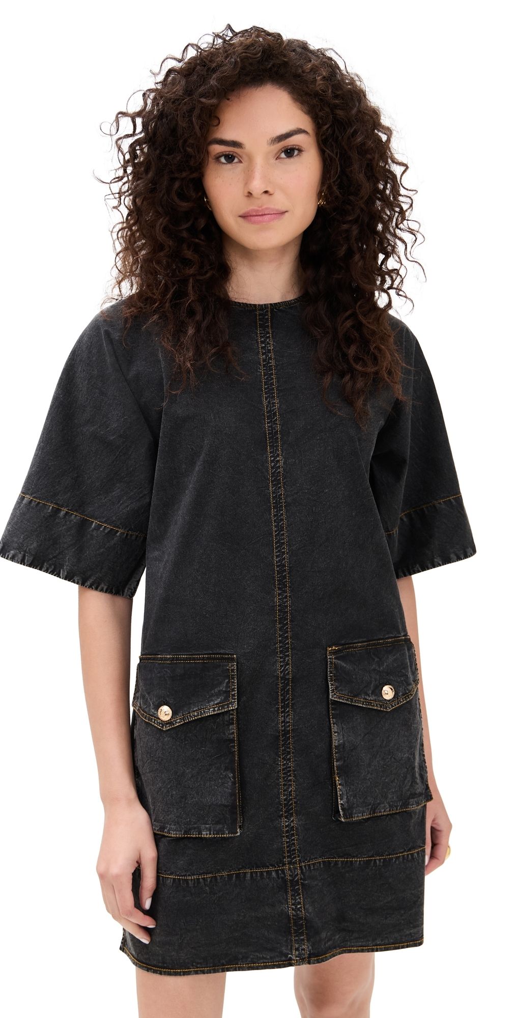 GANNI Washed Stretch Cotton Boxy Kimono Mini Dress Black 32