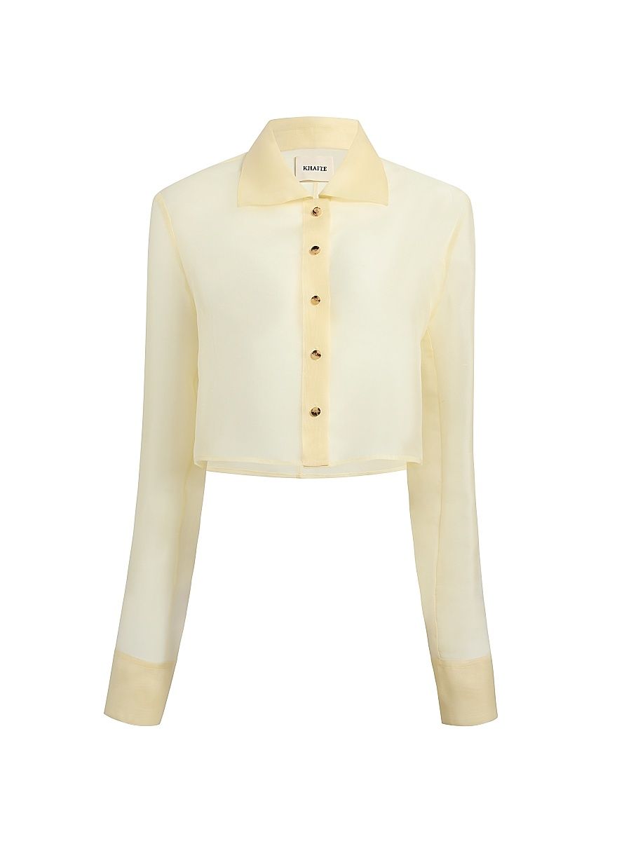 Women's Jasen Sheer Silk Button-Front Top - Pale Yellow - Size XL