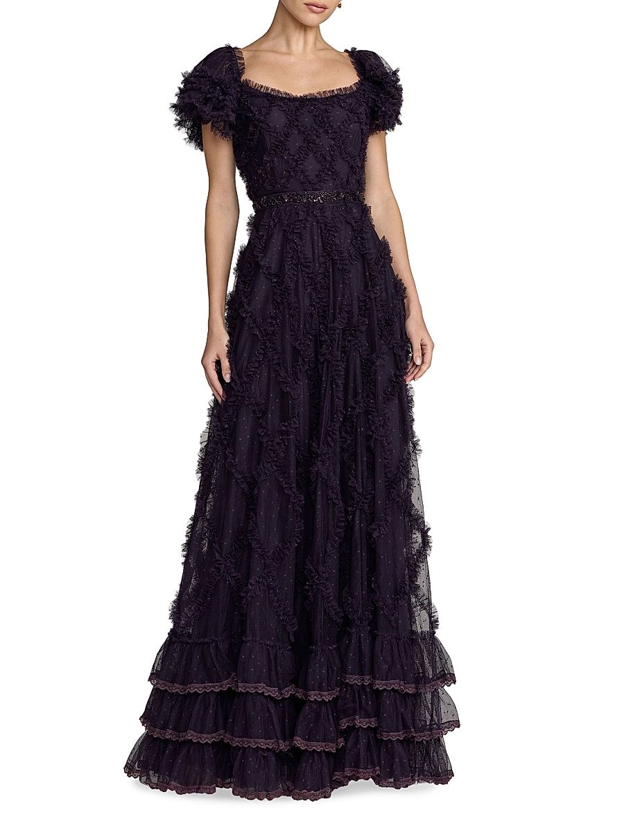 Women's Ruffled Mesh Short-Sleeve Gown - Midnight - Size 18