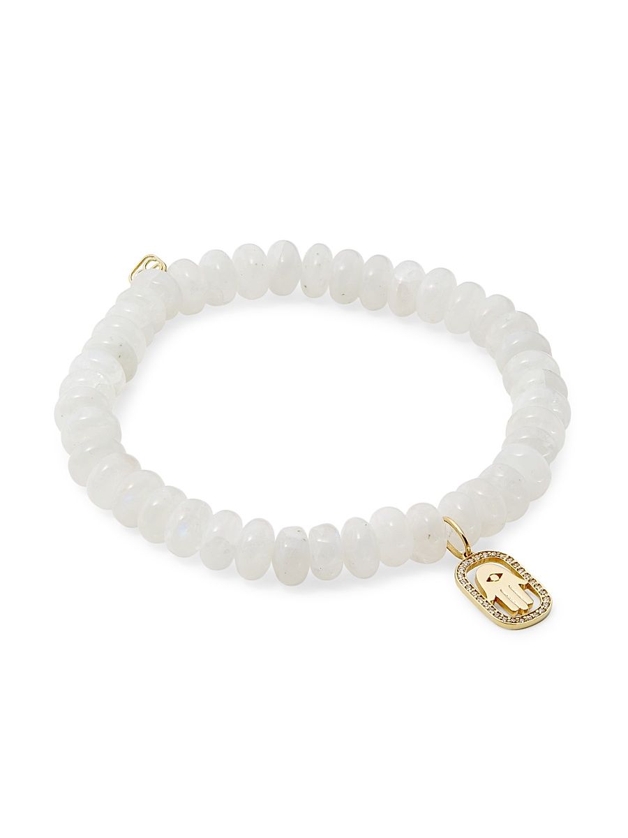 Women's 14K Yellow Gold, Rainbow Moonstone, & Diamond Hamsa-Charm Bracelet