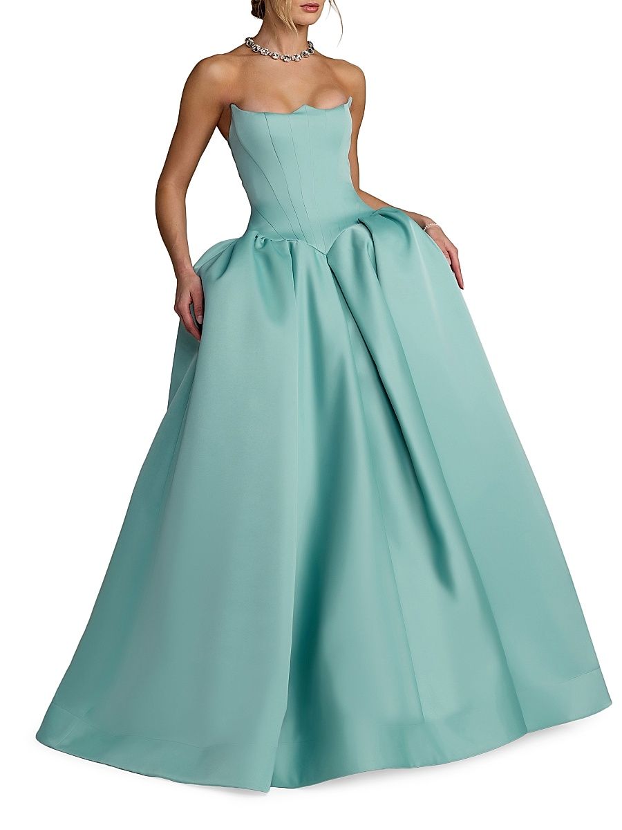 Women's Exaggerated-Hip Satin Strapless Gown - Seafoam - Size 14