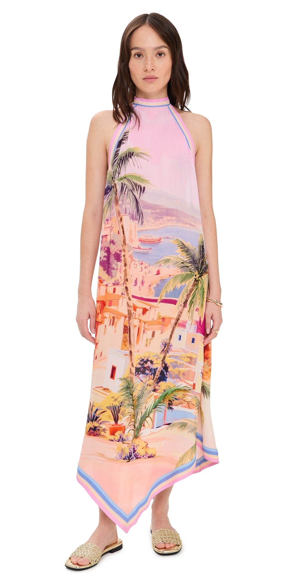 L'AGENCE Elise Postcard Print Halter Midi Dress Multi L